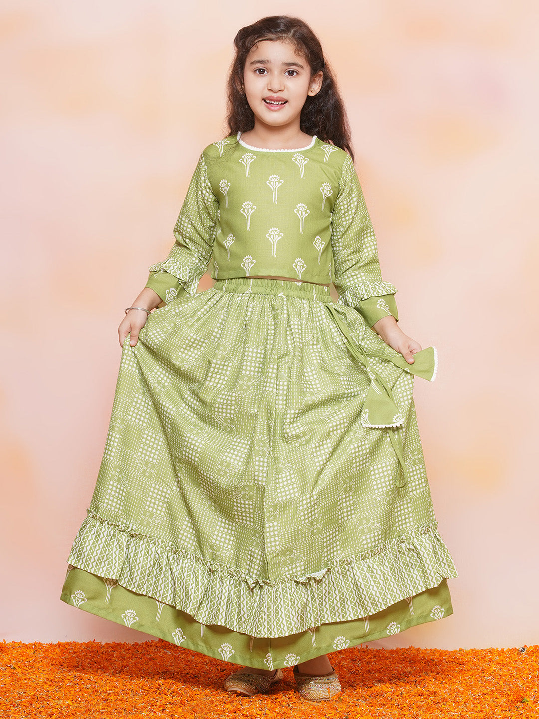 Kids Girls Green Floral Print Cotton Lehenga Choli - AJ Dezines