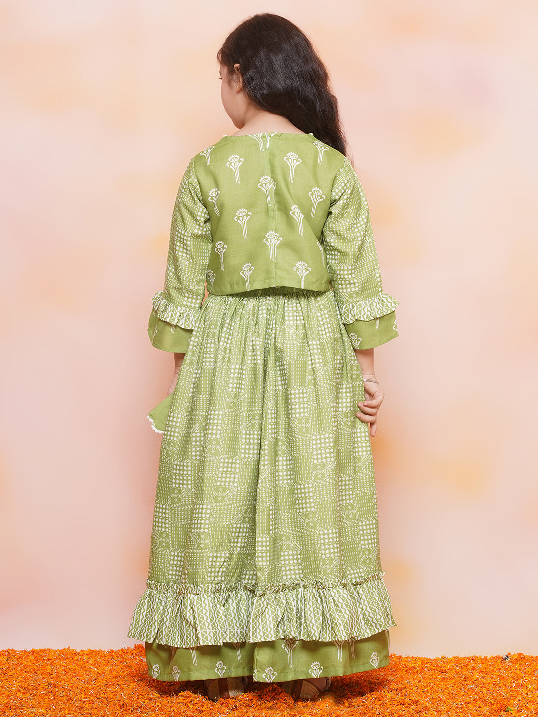 Kids Girls Green Floral Print Cotton Lehenga Choli - AJ Dezines