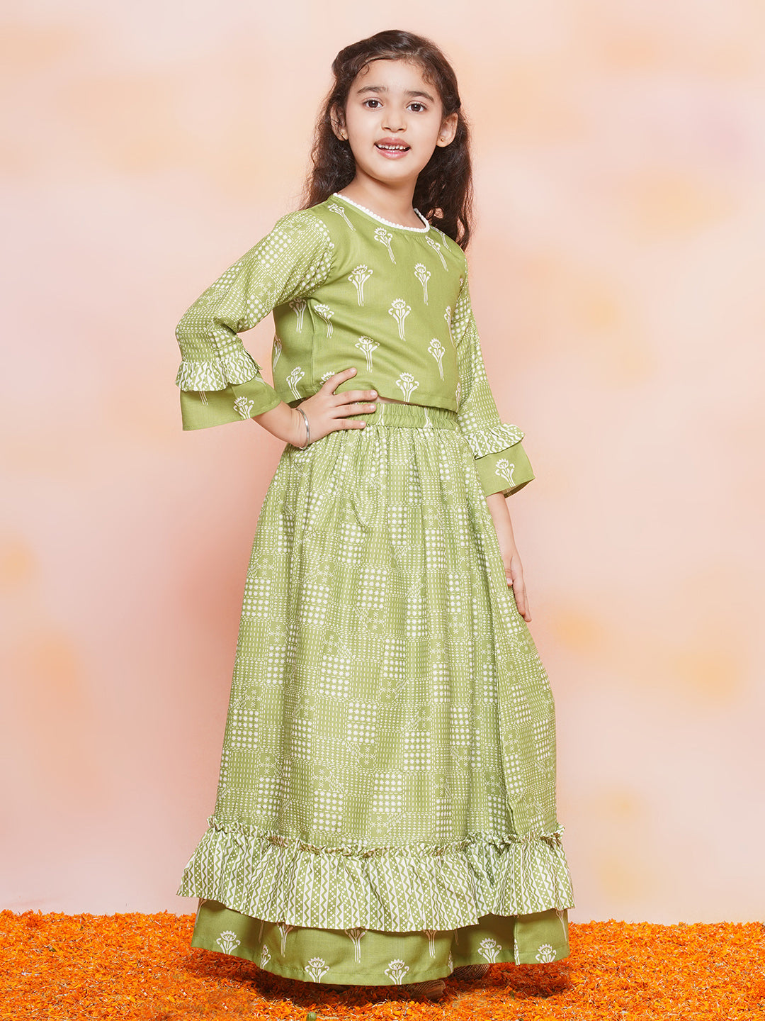 Kids Girls Green Floral Print Cotton Lehenga Choli - AJ Dezines
