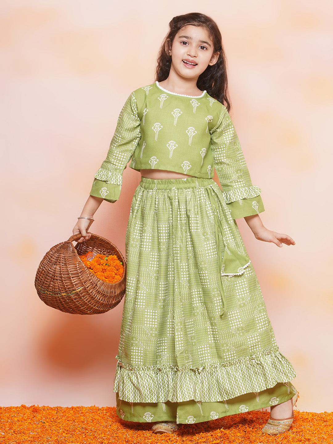 Kids Girls Green Floral Print Cotton Lehenga Choli - AJ Dezines