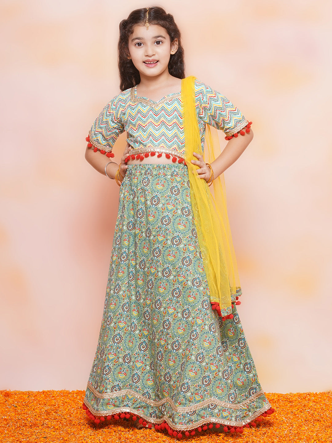 Light-Green Zig Zag Jacquard Brocade Lehenga Choli for Girls for Traditional Wear - AJ Dezines