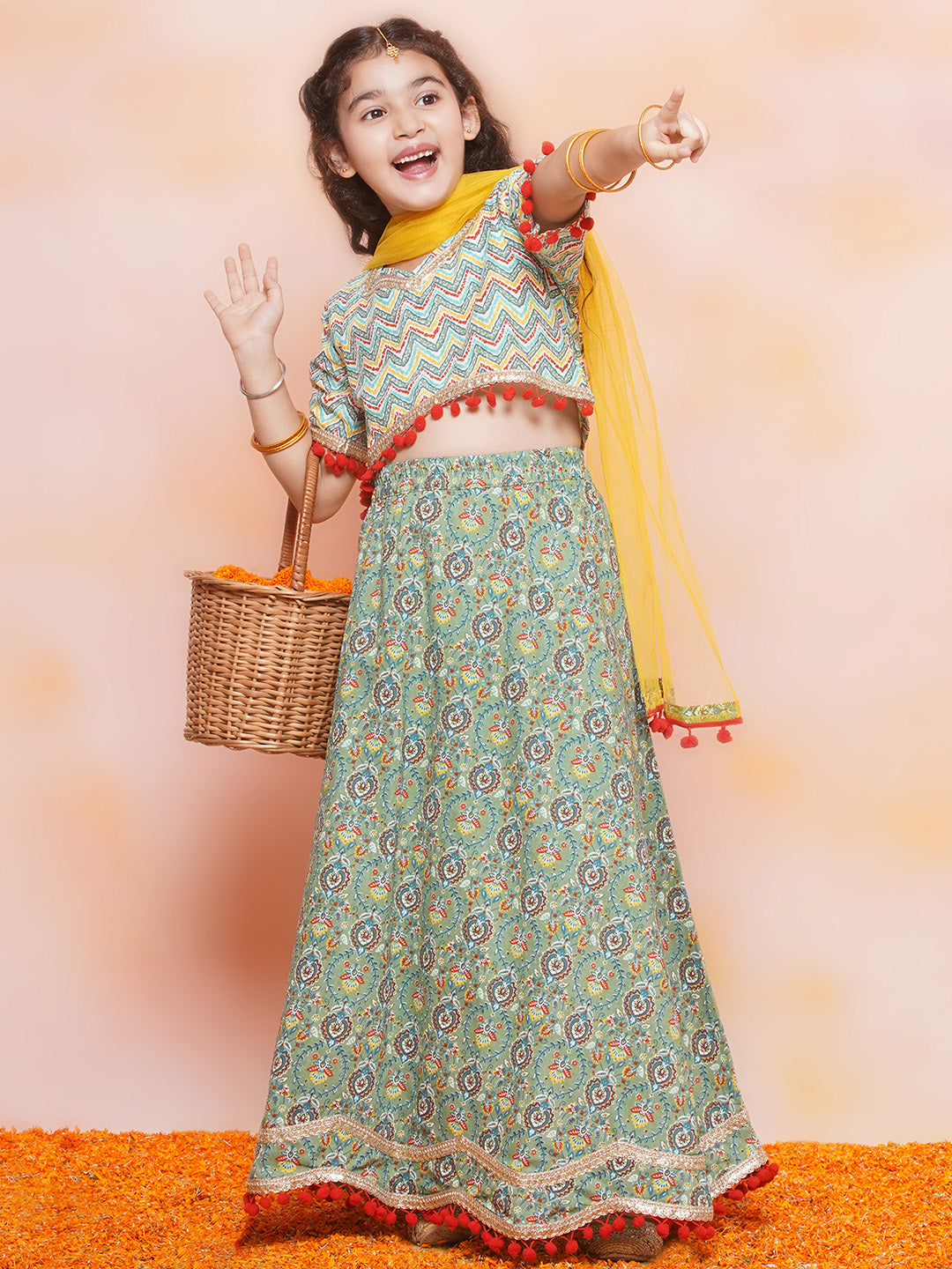 Light-Green Zig Zag Jacquard Brocade Lehenga Choli for Girls for Traditional Wear - AJ Dezines