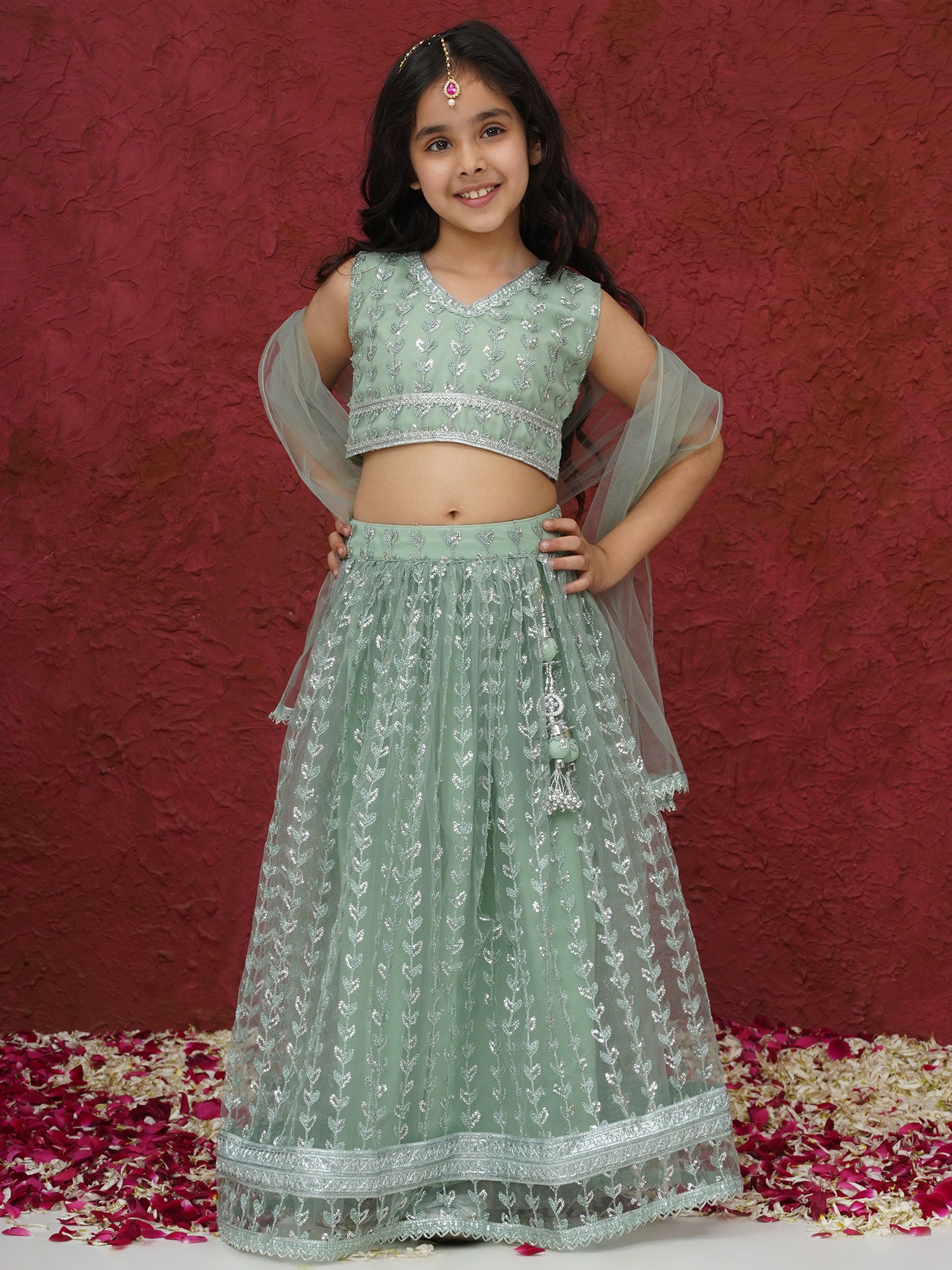Green Sleeveless Sequenced Cotton Blend Lehenga Choli For Girls - AJ Dezines