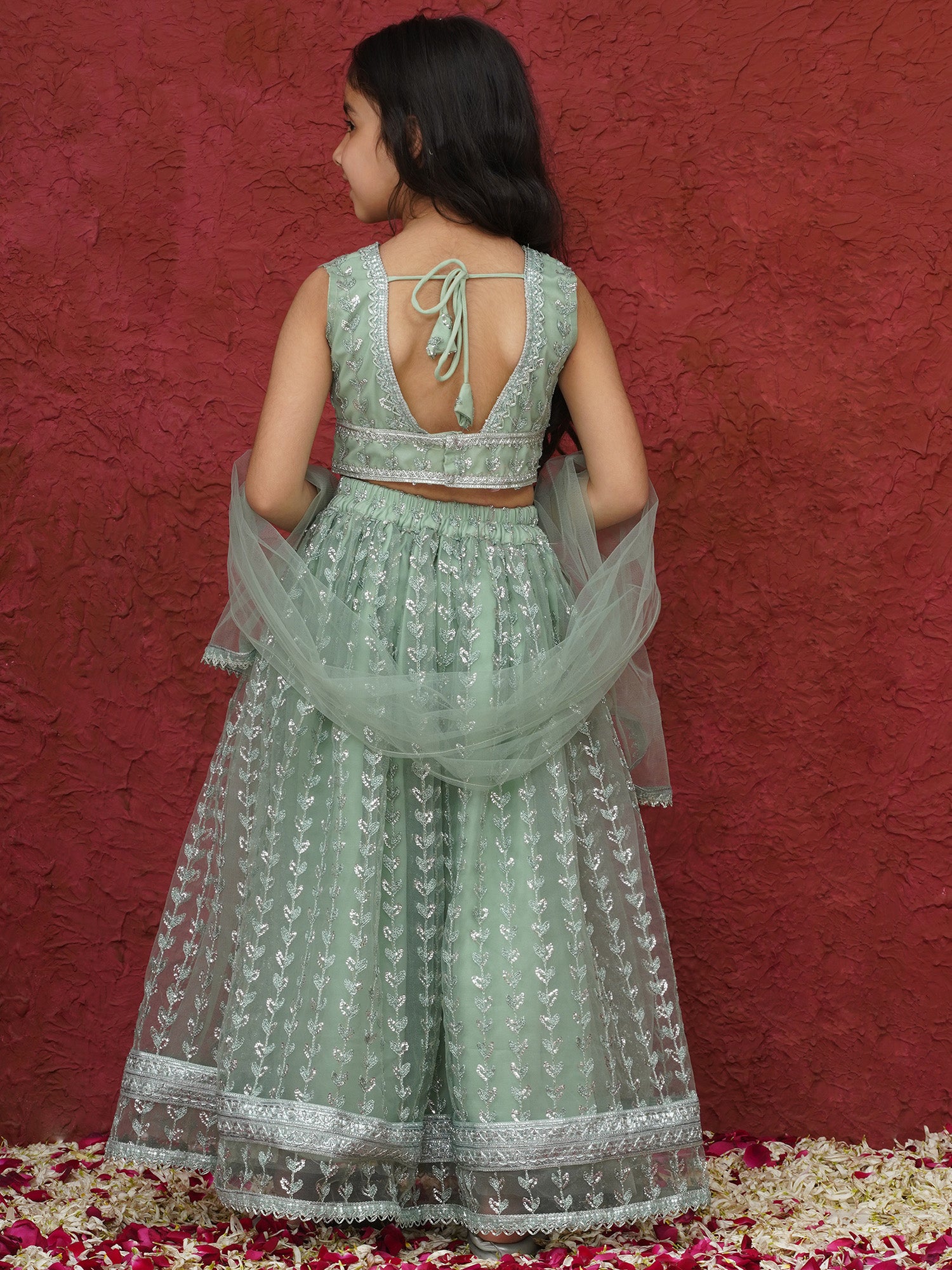 Green Sleeveless Sequenced Cotton Blend Lehenga Choli For Girls - AJ Dezines