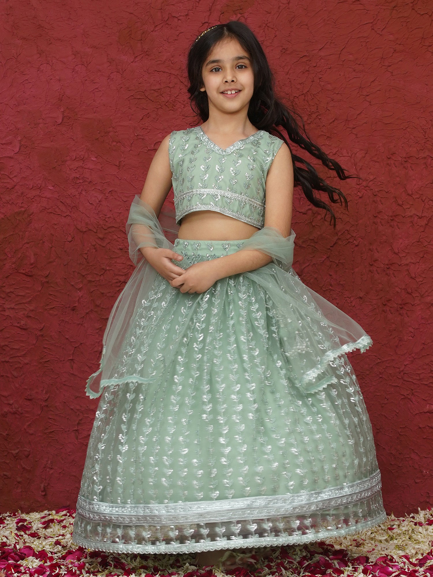 Green Sleeveless Sequenced Cotton Blend Lehenga Choli For Girls - AJ Dezines