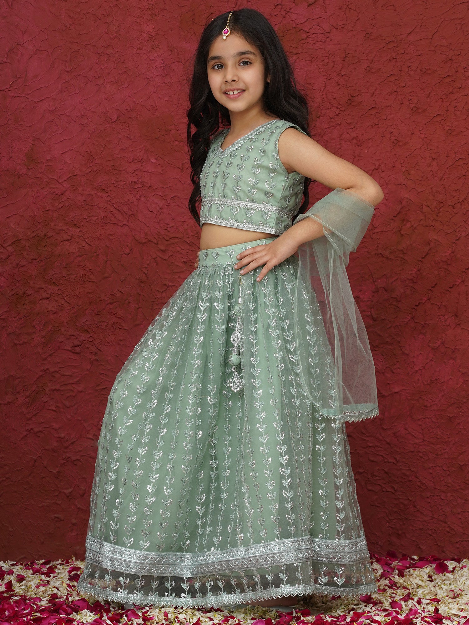 Green Sleeveless Sequenced Cotton Blend Lehenga Choli For Girls - AJ Dezines