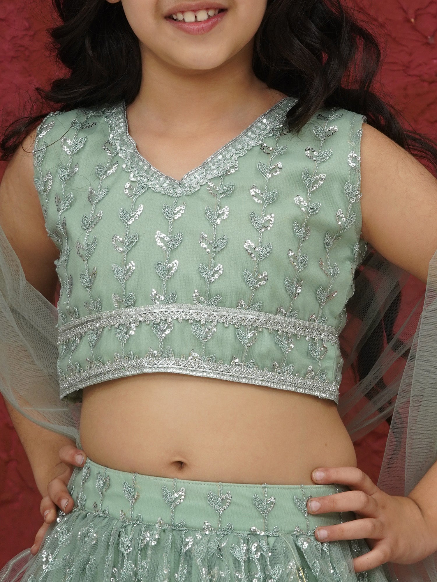 Green Sleeveless Sequenced Cotton Blend Lehenga Choli For Girls - AJ Dezines