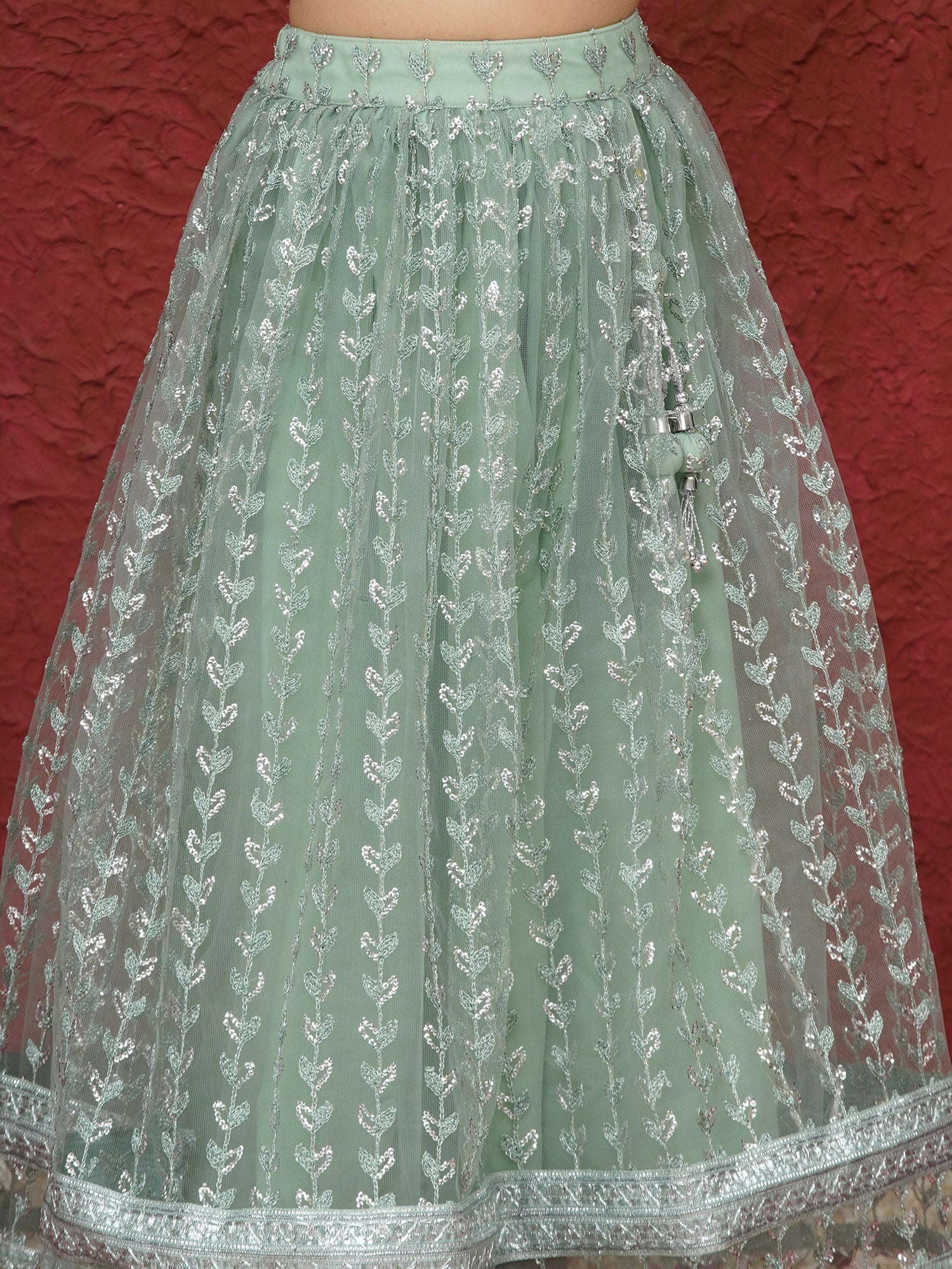 Green Sleeveless Sequenced Cotton Blend Lehenga Choli For Girls - AJ Dezines