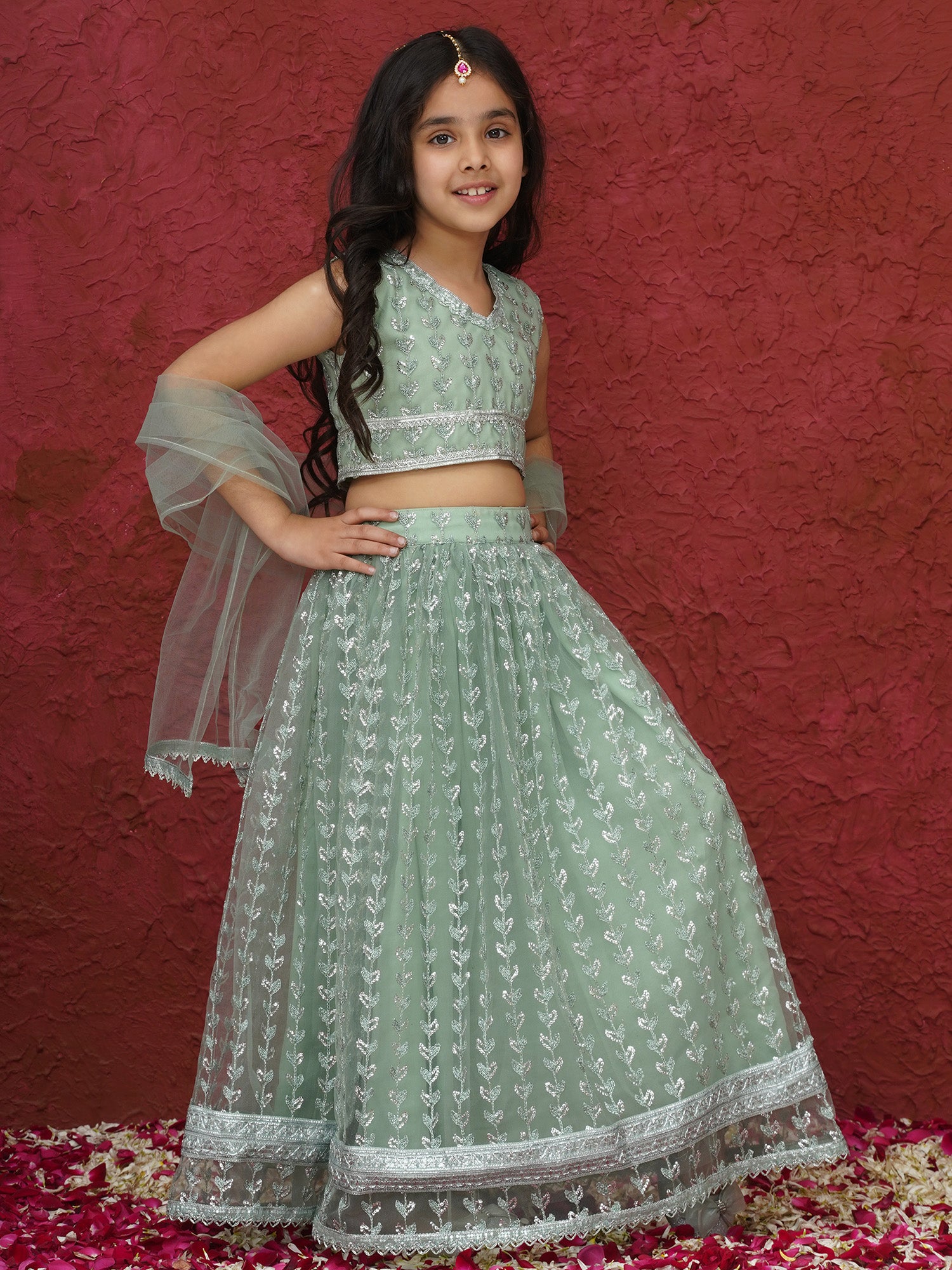 Green Sleeveless Sequenced Cotton Blend Lehenga Choli For Girls - AJ Dezines