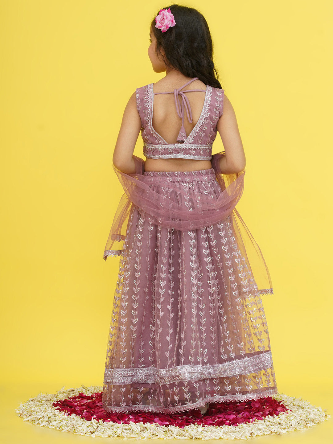 Mauve Sleeveless Sequenced Cotton Blend Lehenga Choli For Girls - AJ Dezines