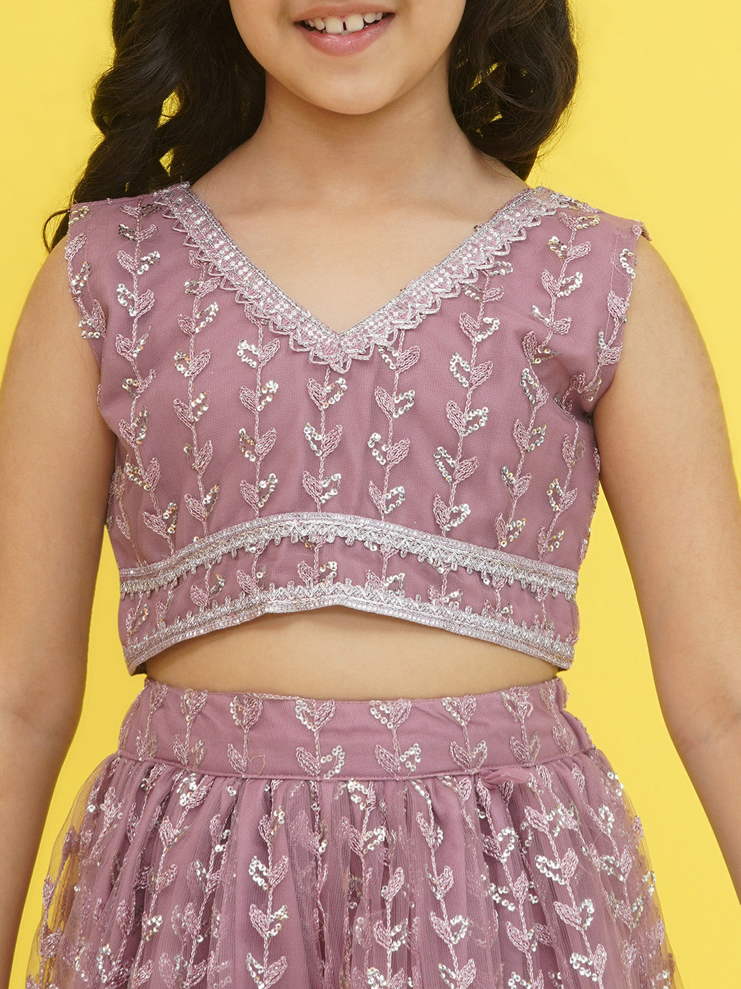 Mauve Sleeveless Sequenced Cotton Blend Lehenga Choli For Girls - AJ Dezines