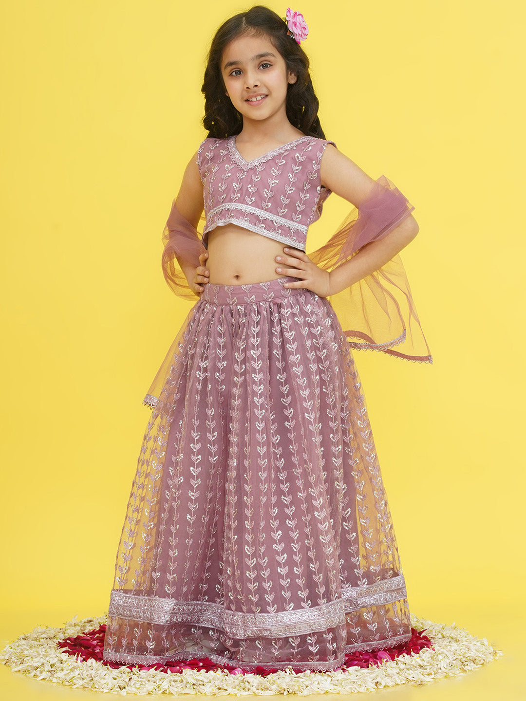 Mauve Sleeveless Sequenced Cotton Blend Lehenga Choli For Girls - AJ Dezines