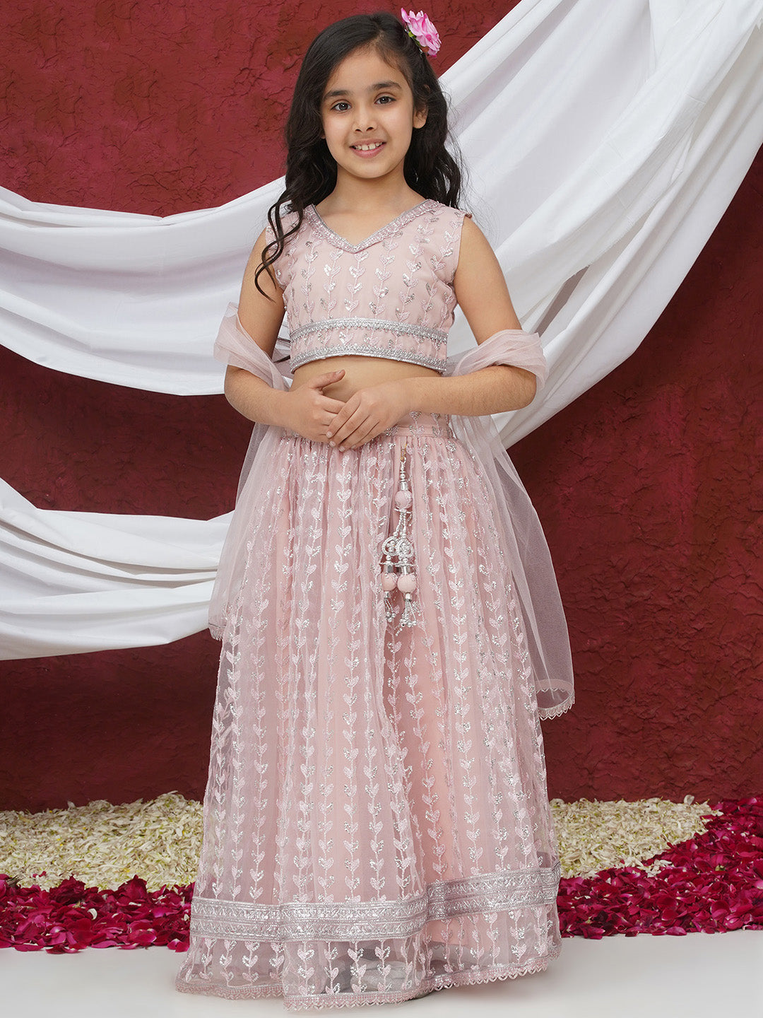 Pink Sleeveless Sequenced Cotton Blend Lehenga Choli For Girls - AJ Dezines