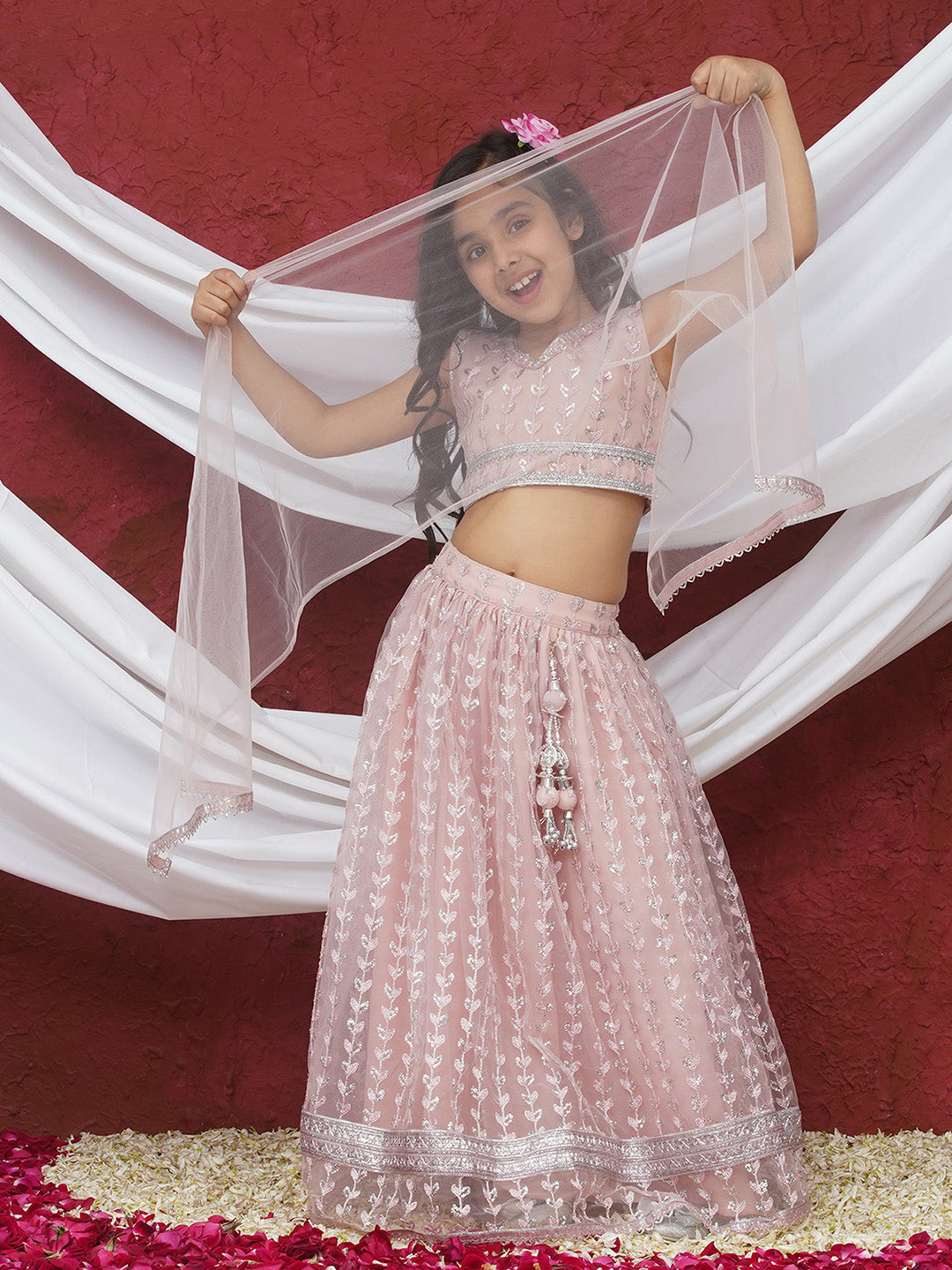 Pink Sleeveless Sequenced Cotton Blend Lehenga Choli For Girls - AJ Dezines