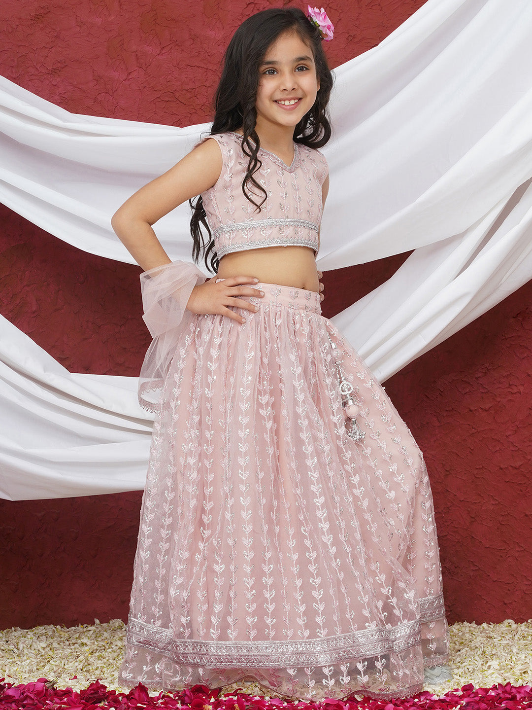 Pink Sleeveless Sequenced Cotton Blend Lehenga Choli For Girls - AJ Dezines