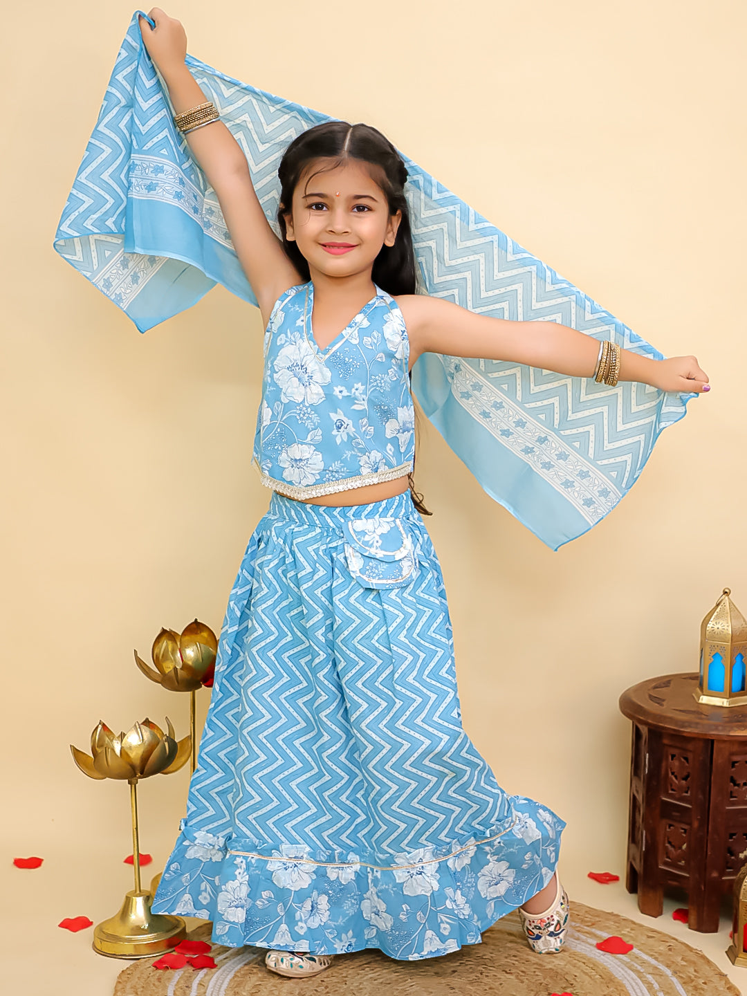 Blue Cotton Sleeveless Floral Printed Lehenga Choli for Girls - AJ Dezines