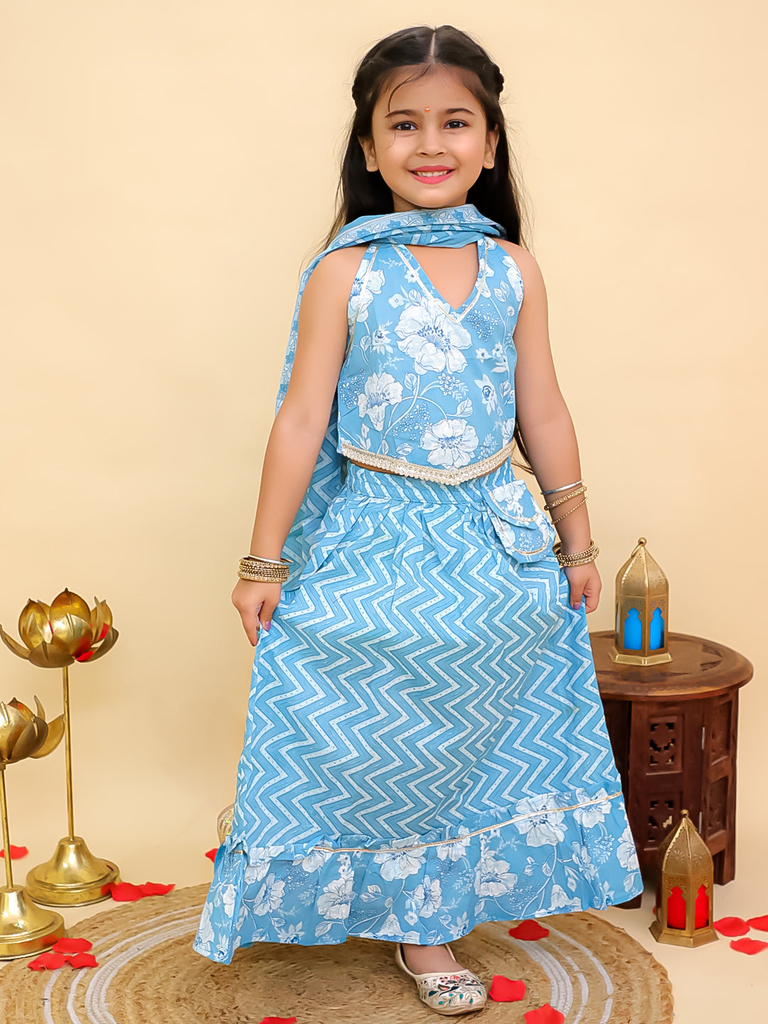 Blue Cotton Sleeveless Floral Printed Lehenga Choli for Girls - AJ Dezines