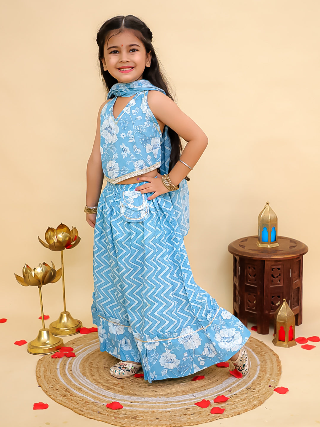 Blue Cotton Sleeveless Floral Printed Lehenga Choli for Girls - AJ Dezines