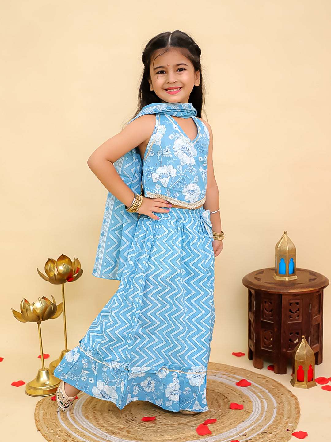 Blue Cotton Sleeveless Floral Printed Lehenga Choli for Girls - AJ Dezines