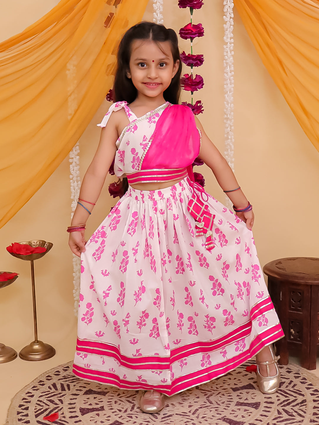 Pink Cotton Sleeveless Floral Printed Lehenga Choli with Laktan - AJ Dezines