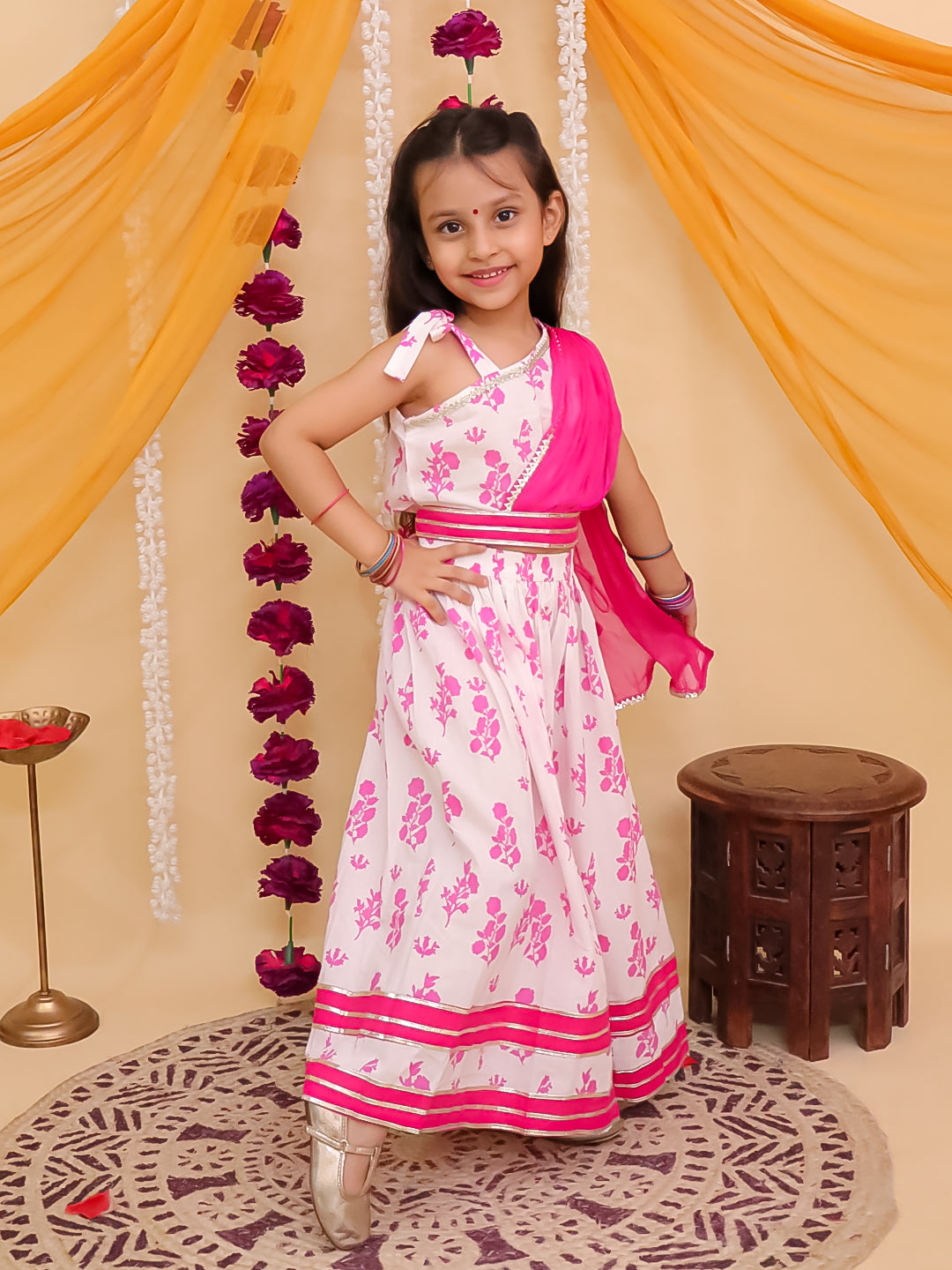 Pink Cotton Sleeveless Floral Printed Lehenga Choli with Laktan - AJ Dezines