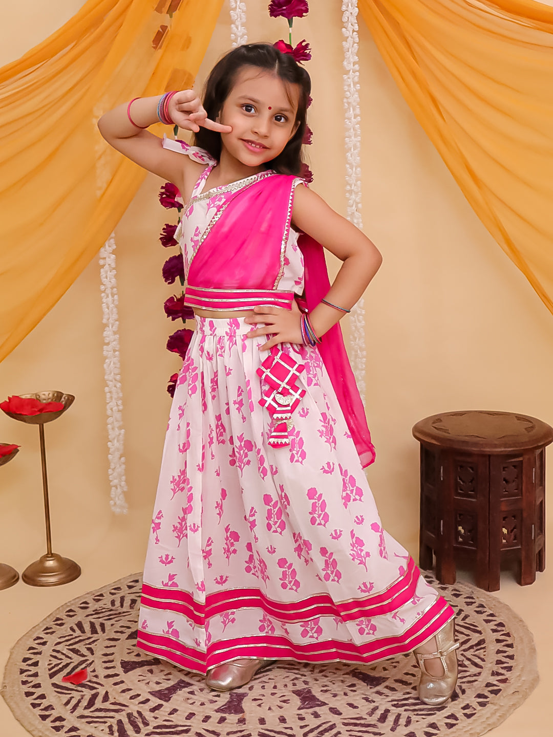 Pink Cotton Sleeveless Floral Printed Lehenga Choli with Laktan - AJ Dezines
