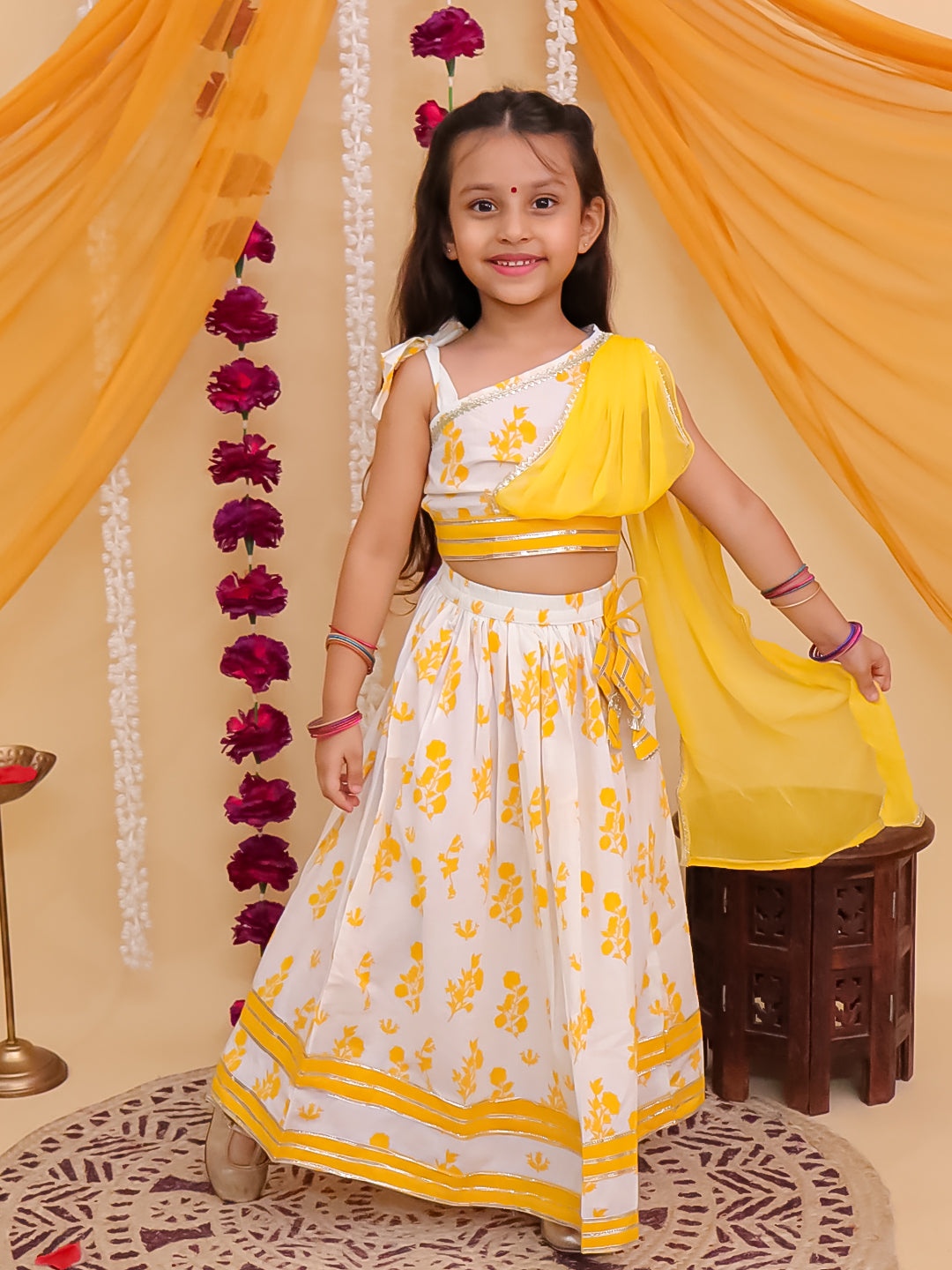 Girls Yellow Cotton Sleeveless Floral Printed Lehenga Choli with Latkan - AJ Dezines