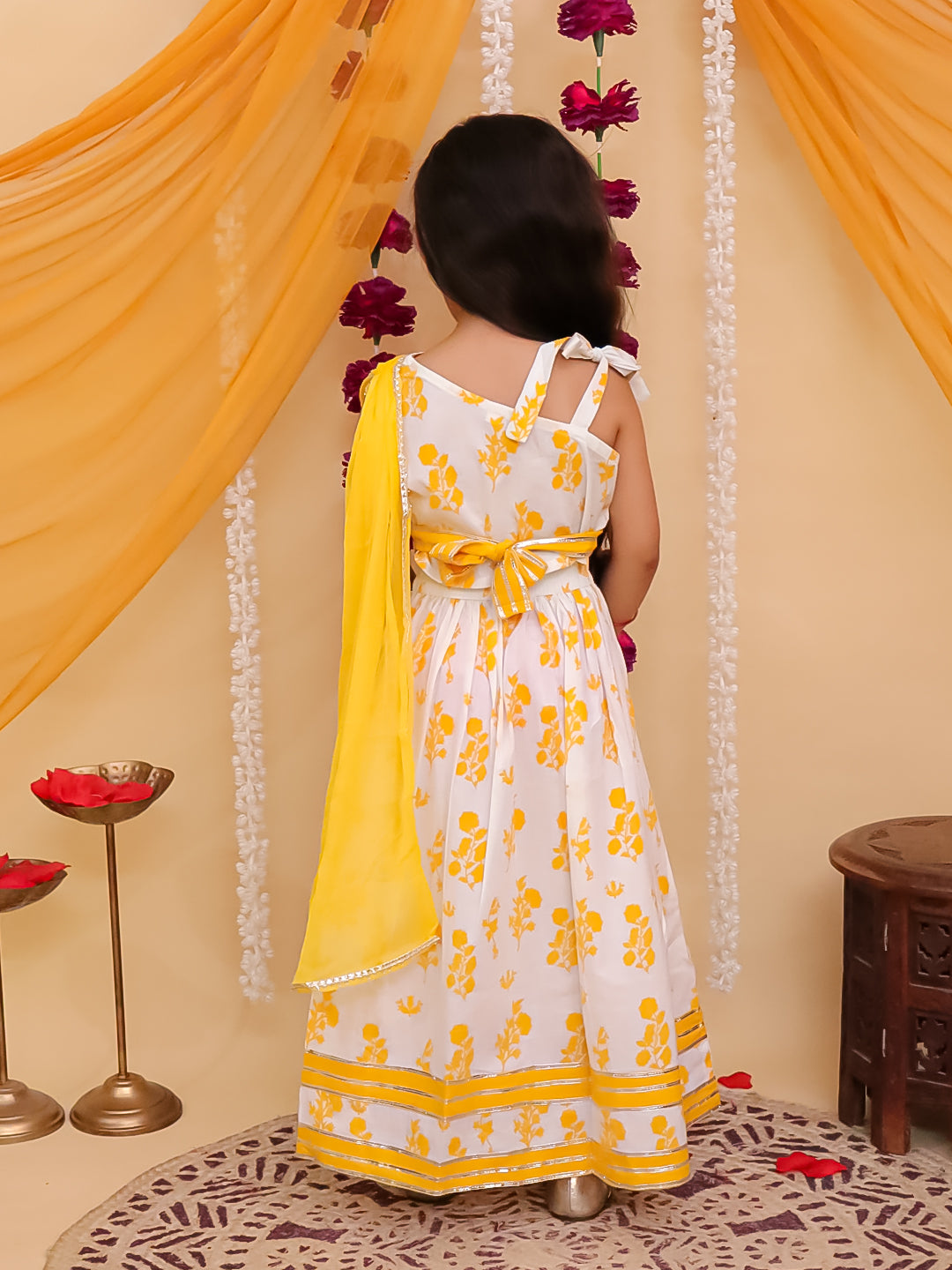 Girls Yellow Cotton Sleeveless Floral Printed Lehenga Choli with Latkan - AJ Dezines