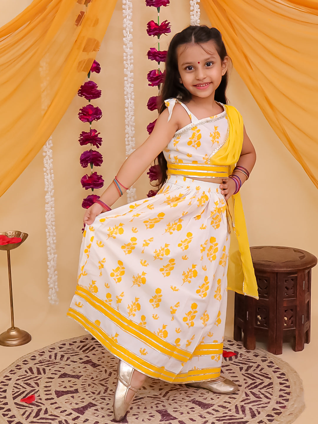 Girls Yellow Cotton Sleeveless Floral Printed Lehenga Choli with Latkan - AJ Dezines