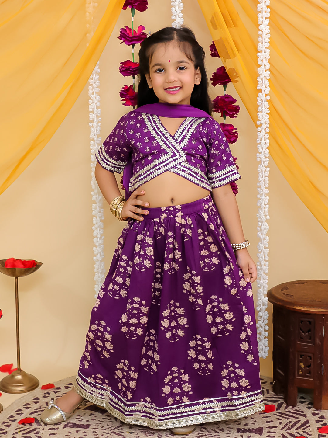 Purple Cotton Half-Sleeves Floral Printed Lehenga Choli - AJ Dezines