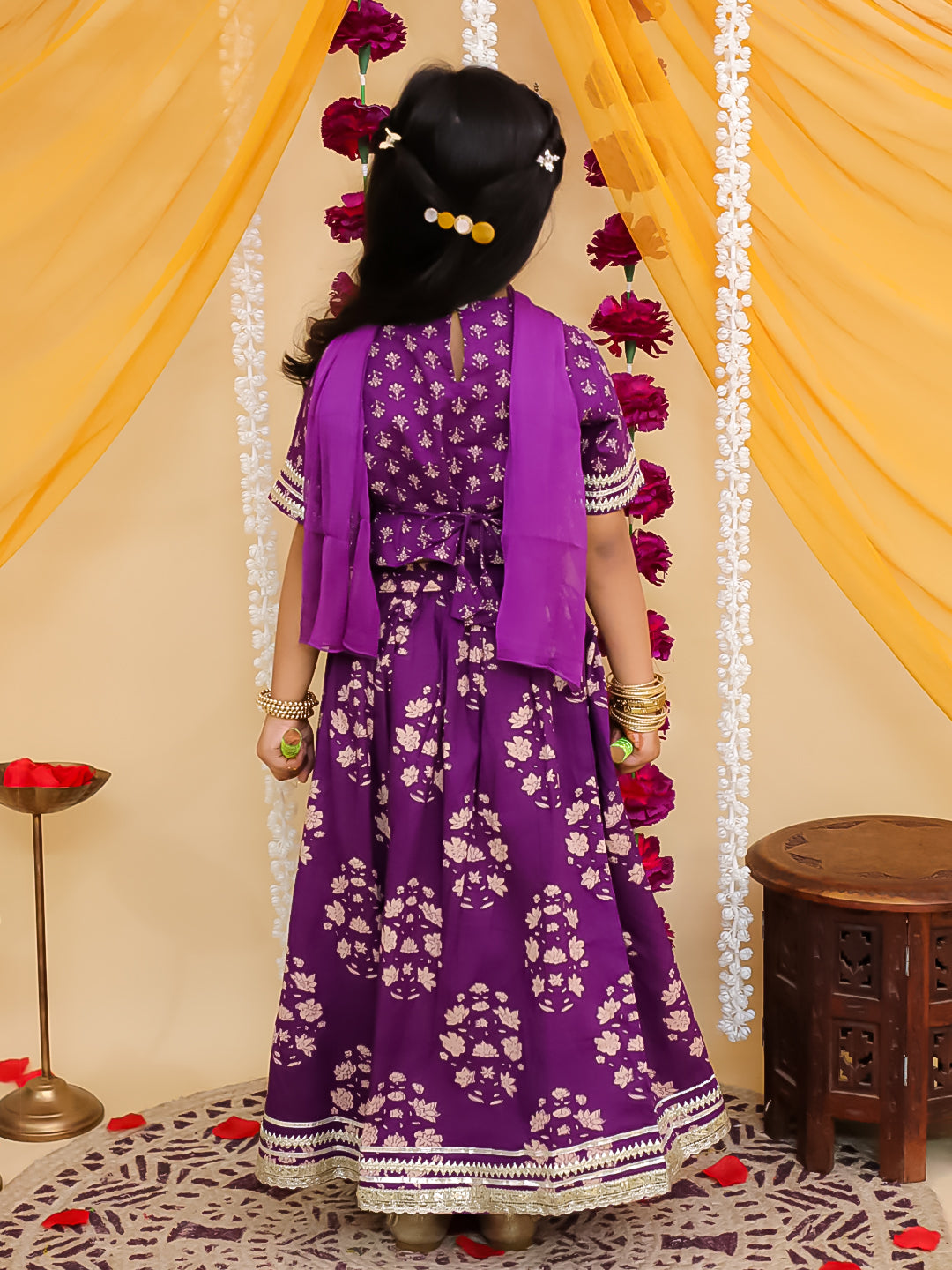 Purple Cotton Half-Sleeves Floral Printed Lehenga Choli - AJ Dezines