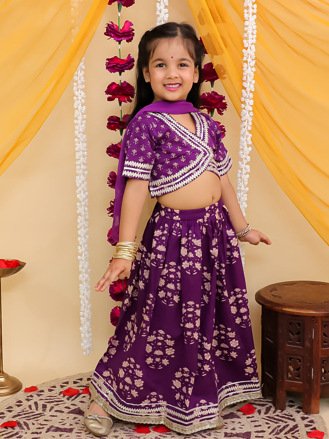 Purple Cotton Half-Sleeves Floral Printed Lehenga Choli - AJ Dezines