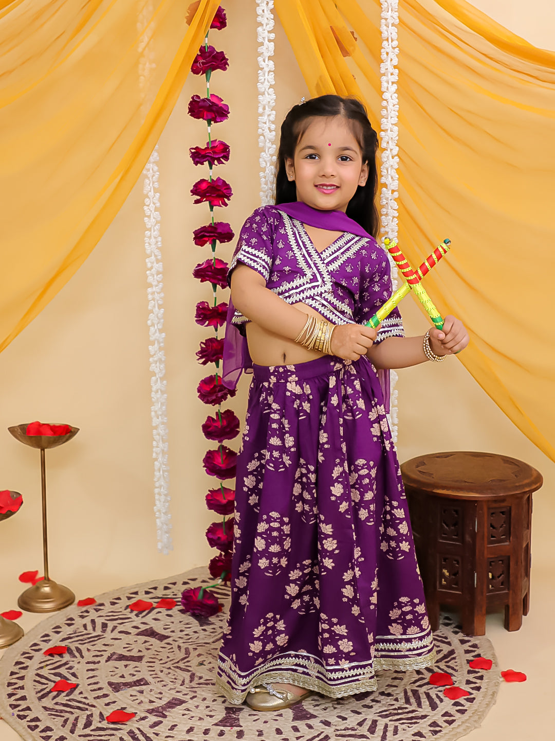 Purple Cotton Half-Sleeves Floral Printed Lehenga Choli - AJ Dezines