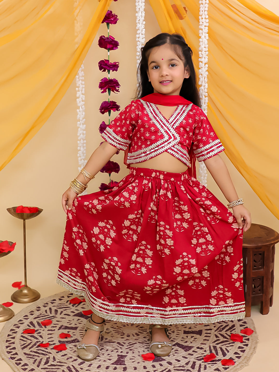Girls Red Cotton Half-Sleeves Floral Printed Lehenga Choli - AJ Dezines