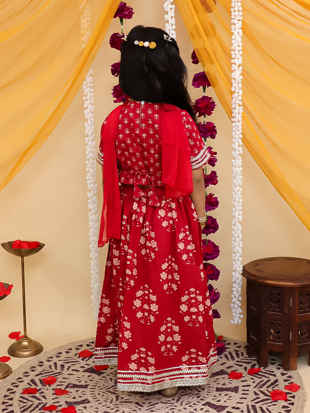Girls Red Cotton Half-Sleeves Floral Printed Lehenga Choli - AJ Dezines