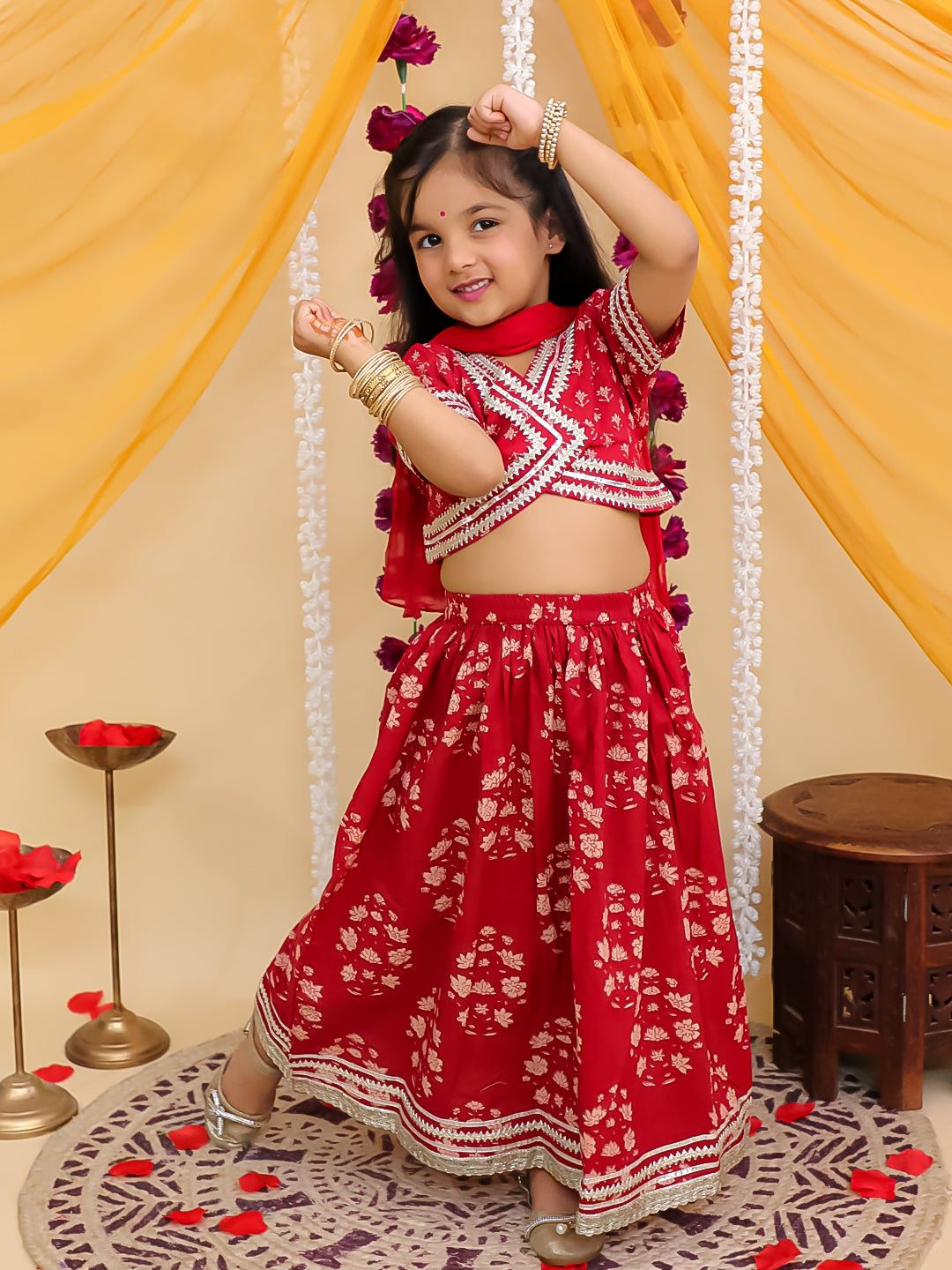 Girls Red Cotton Half-Sleeves Floral Printed Lehenga Choli - AJ Dezines