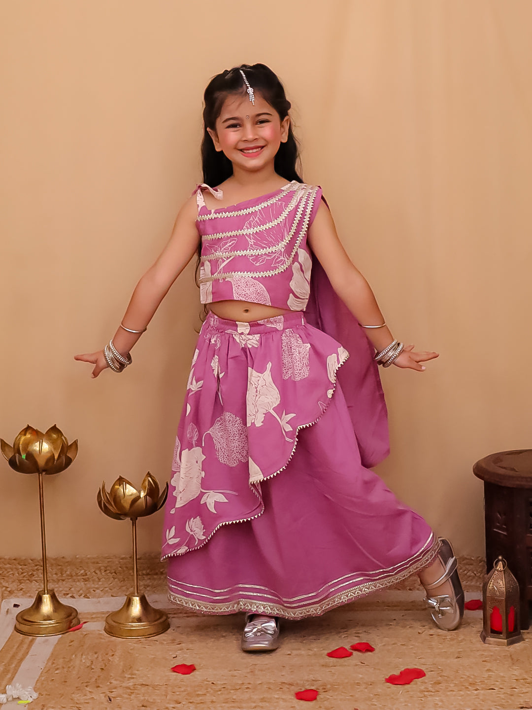 Pink Cotton Sleeveless Floral Printed  And Gotta Work Lehenga Choli
