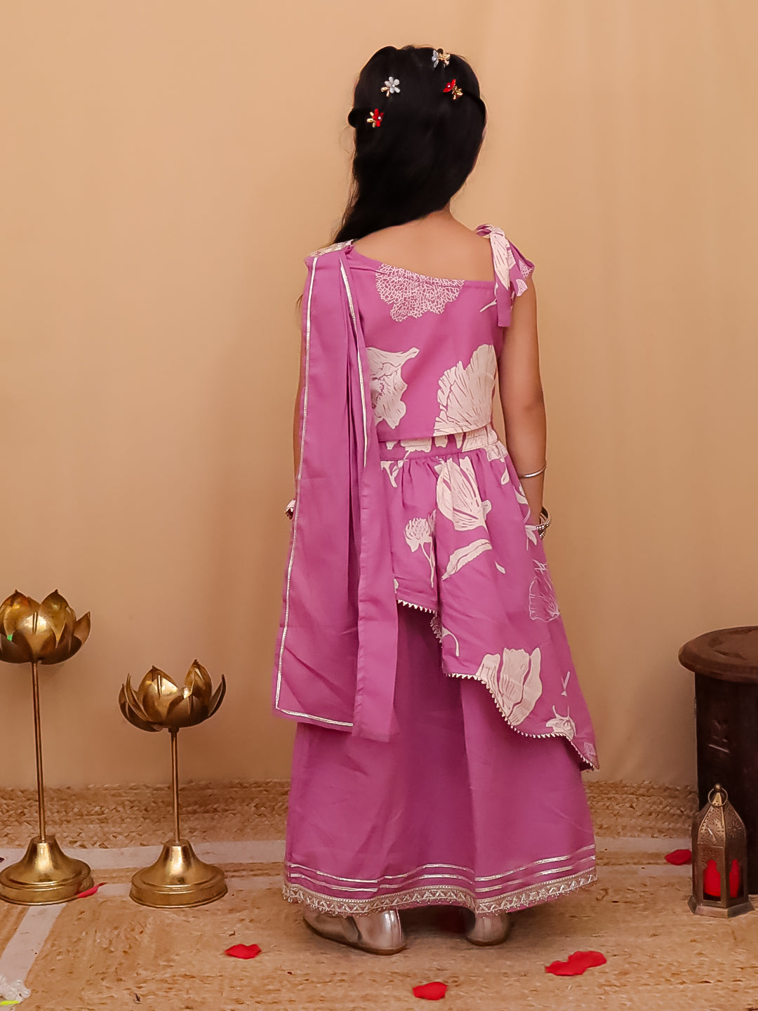 Pink Cotton Sleeveless Floral Printed  And Gotta Work Lehenga Choli