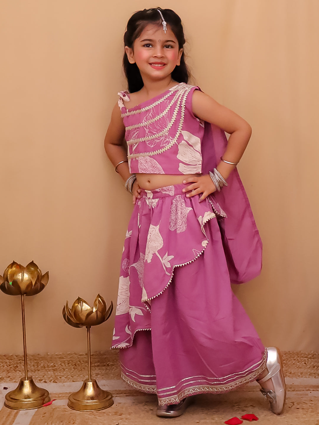 Pink Cotton Sleeveless Floral Printed  And Gotta Work Lehenga Choli