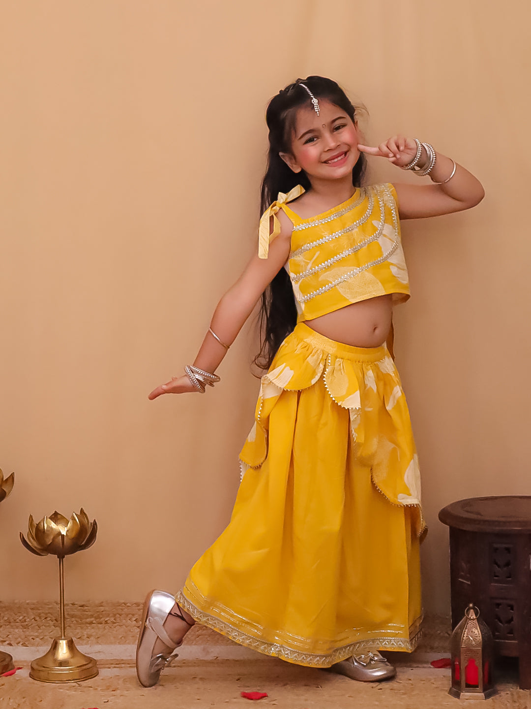 Pink Cotton Sleeveless Floral Printed  And Gotta Work Lehenga Choli