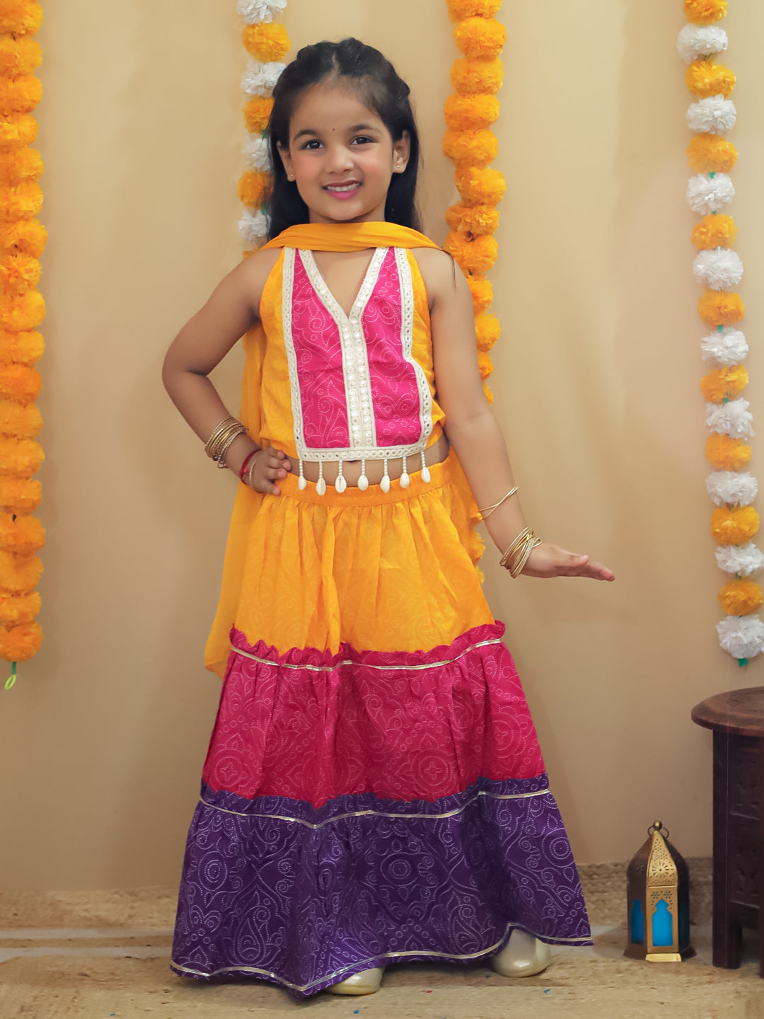 Girls Yellow Cotton Sleeveless Floral Printed Lehenga Choli - AJ Dezines