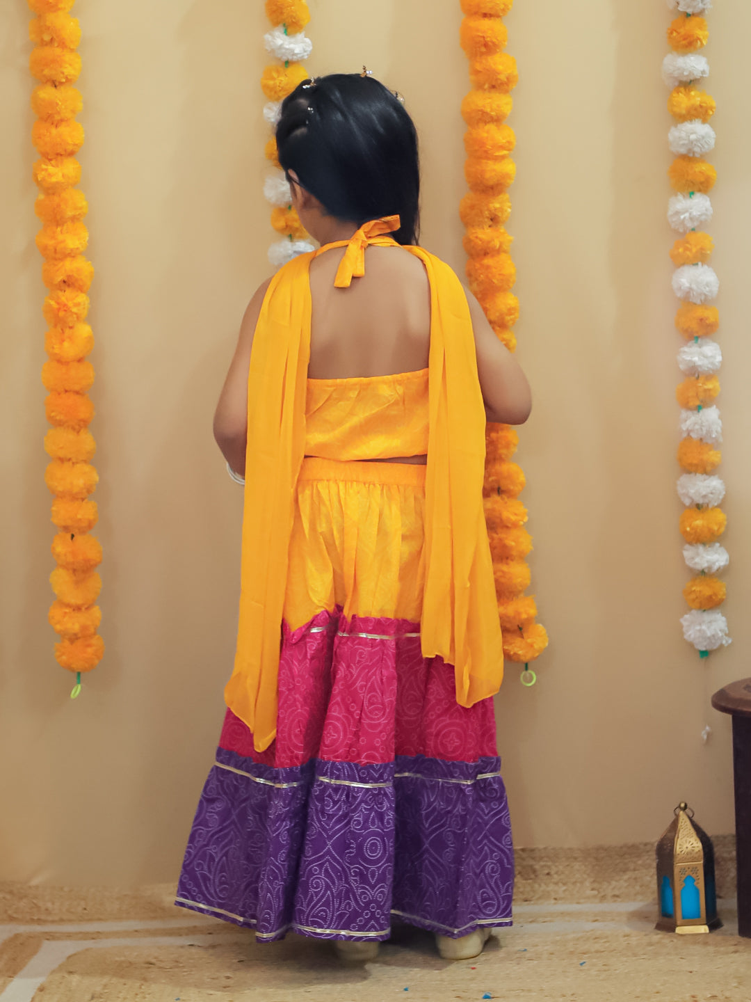 Girls Yellow Cotton Sleeveless Floral Printed Lehenga Choli - AJ Dezines