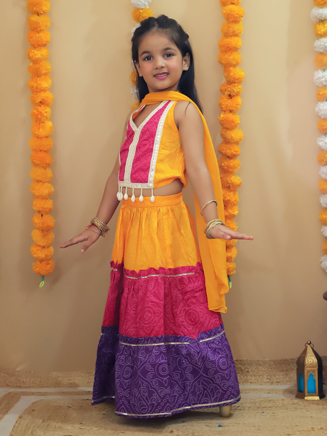 Girls Yellow Cotton Sleeveless Floral Printed Lehenga Choli - AJ Dezines