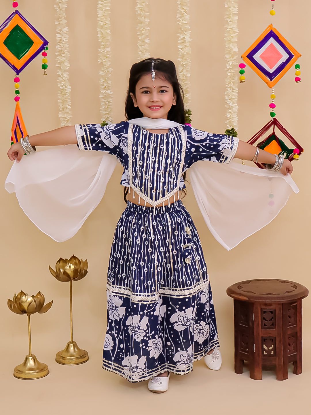 Girls Blue Cotton Half-Sleeves Floral Printed Lehenga Choli - AJ Dezines