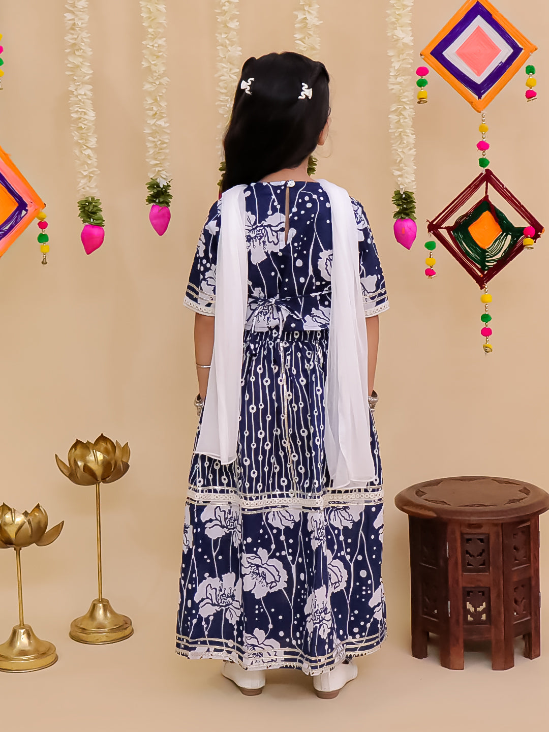 Girls Blue Cotton Half-Sleeves Floral Printed Lehenga Choli - AJ Dezines