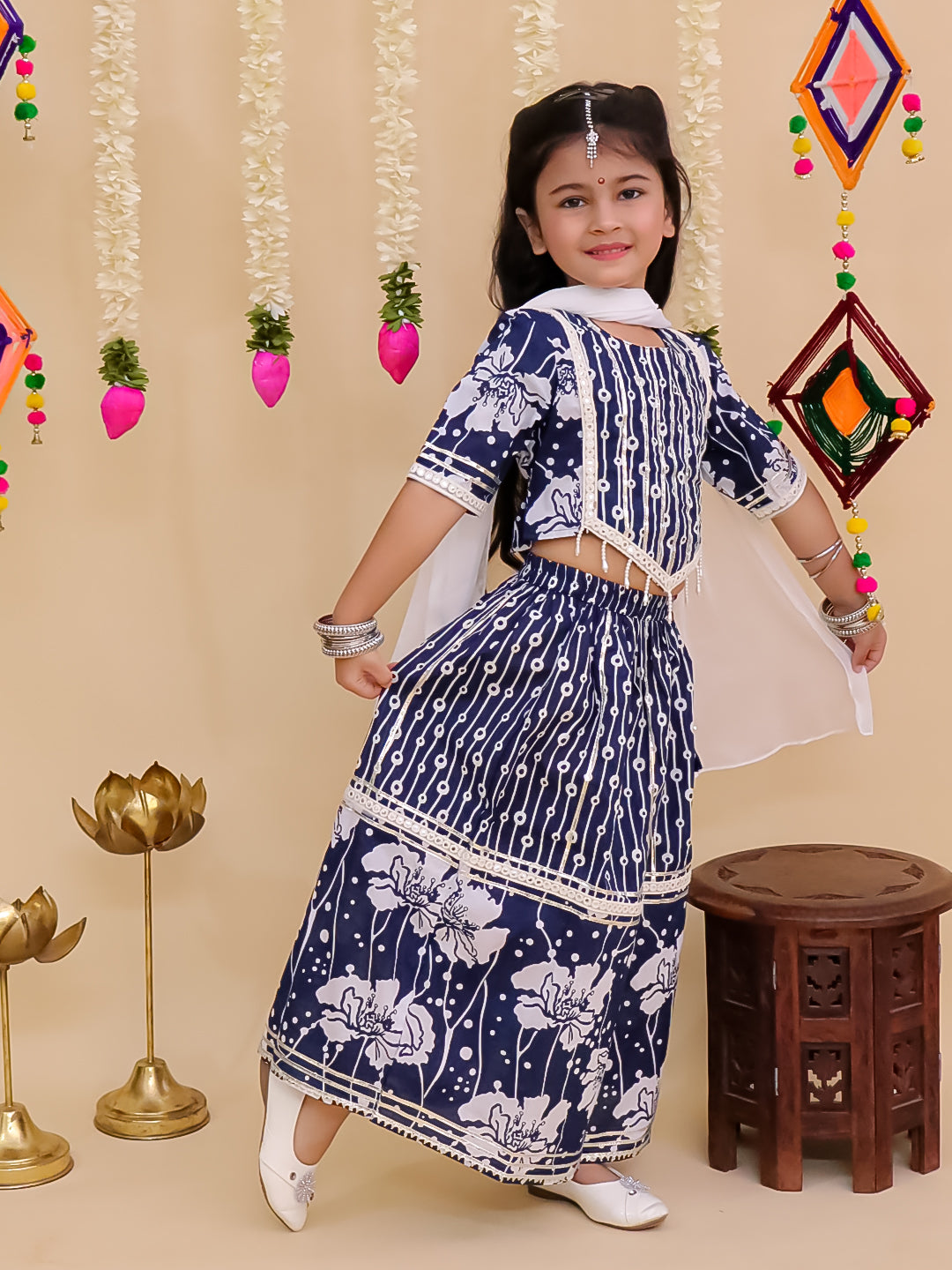 Girls Blue Cotton Half-Sleeves Floral Printed Lehenga Choli - AJ Dezines
