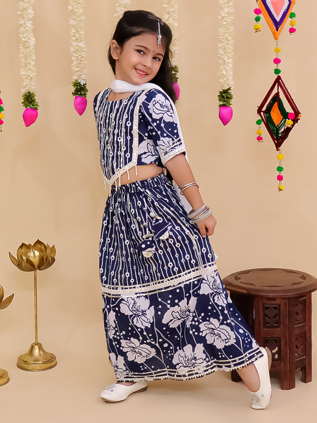 Girls Blue Cotton Half-Sleeves Floral Printed Lehenga Choli - AJ Dezines