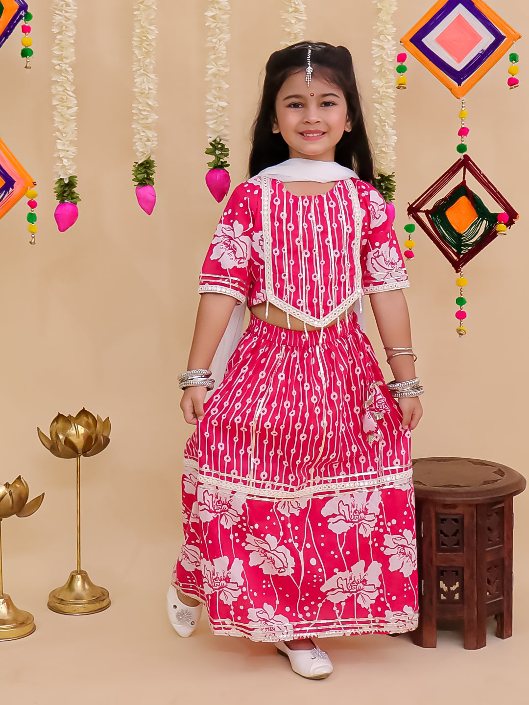 Girls Pink Cotton Half-Sleeves Floral Printed Lehenga Choli - AJ Dezines