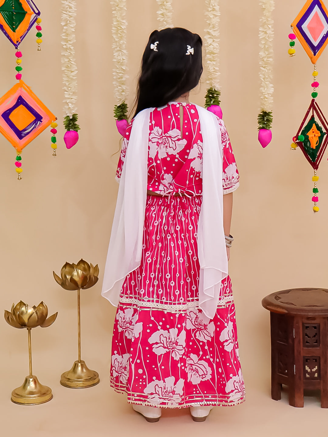 Girls Pink Cotton Half-Sleeves Floral Printed Lehenga Choli - AJ Dezines