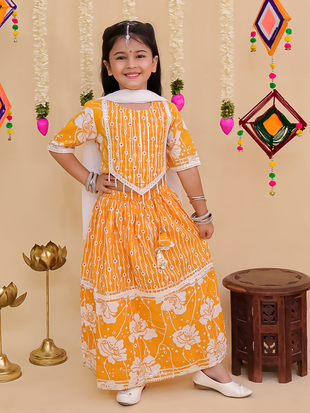 Girls Yellow Cotton Half-Sleeves Floral Printed Lehenga Choli - AJ Dezines